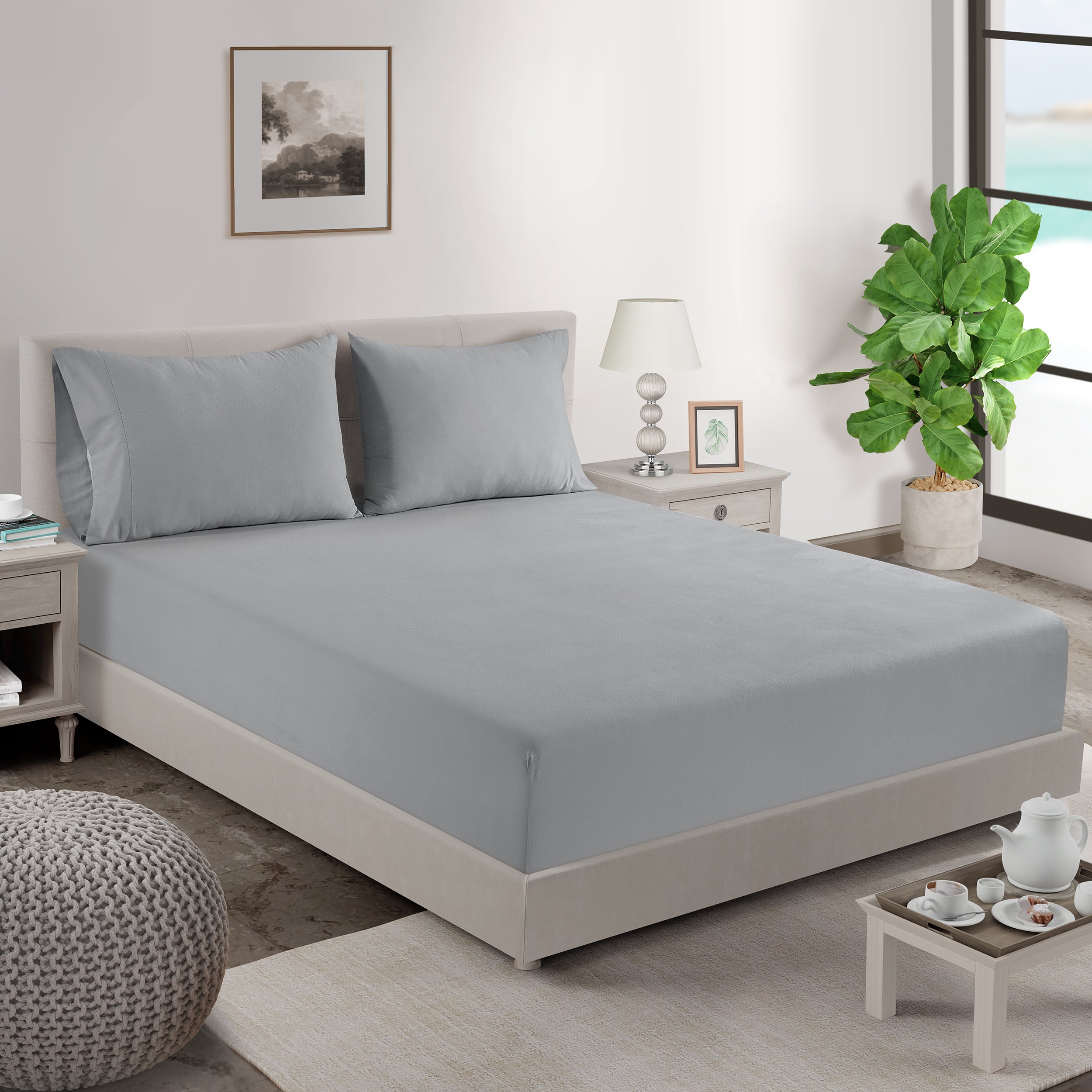 100% Organic Washed Cotton Fitted Sheet Set - Silver